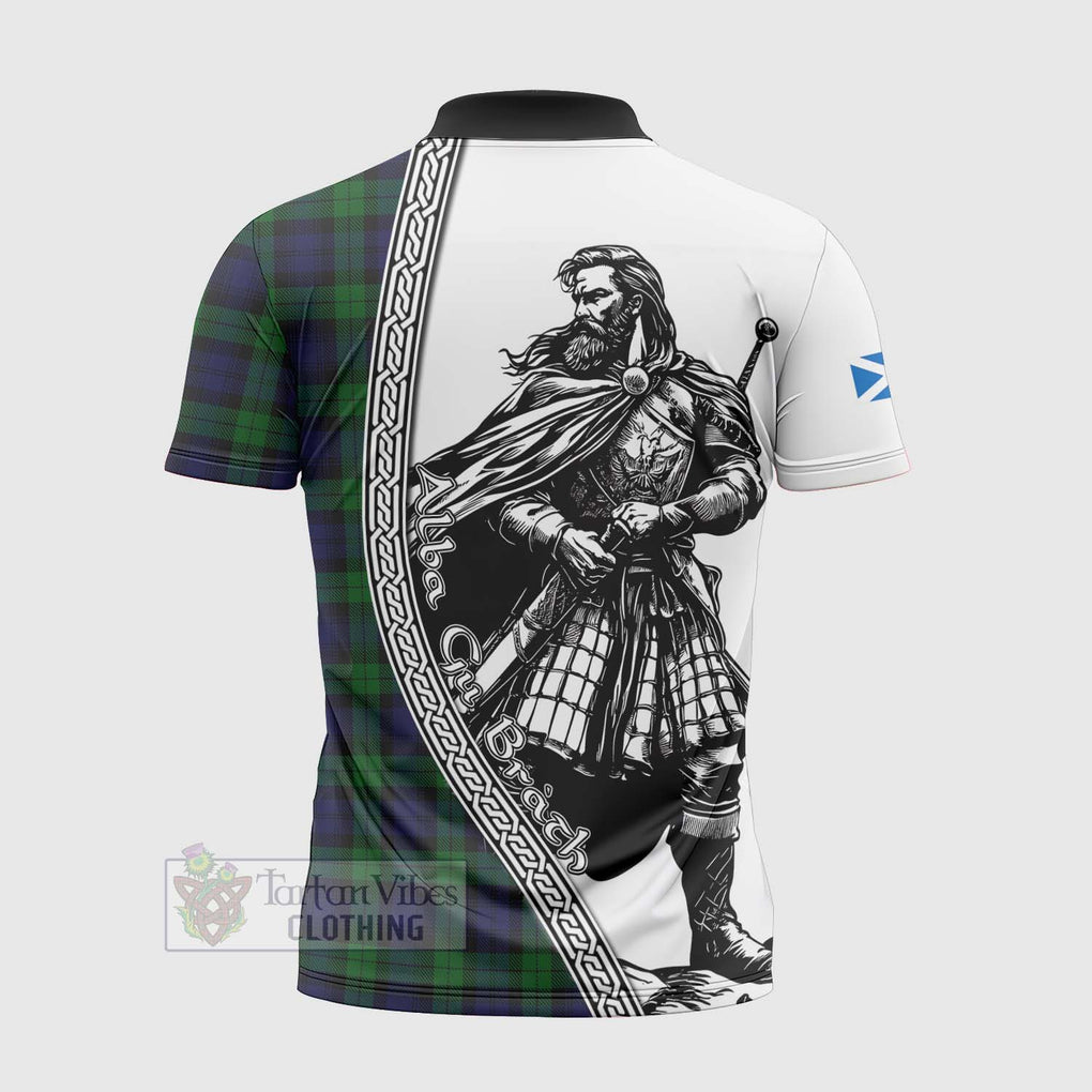 Tartan Vibes Clothing Black Watch Tartan Clan Crest Zipper Polo Shirt with Highlander Warrior Celtic Style