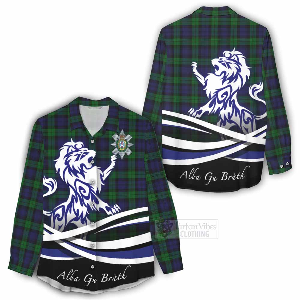 Tartan Vibes Clothing Black Watch Tartan Women's Casual Shirt with Alba Gu Brath Regal Lion Emblem