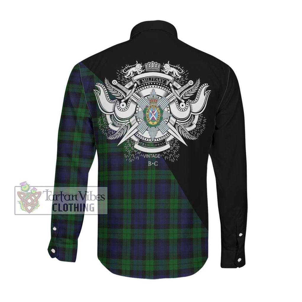 Black Watch Tartan Long Sleeve Button Shirt with Family Crest and Military Logo Style Men's Shirt - Tartanvibesclothing Shop