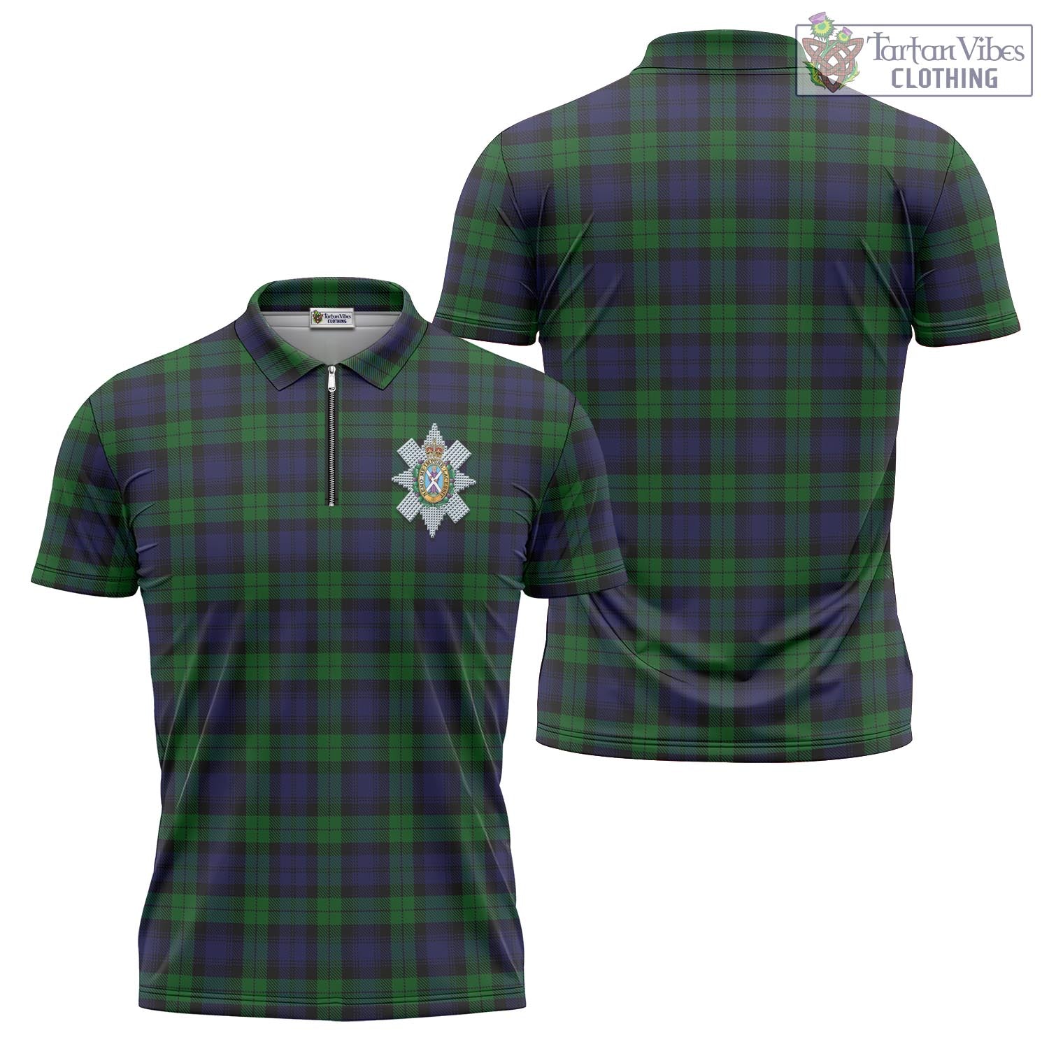 Tartan Vibes Clothing Black Watch Tartan Zipper Polo Shirt with Family Crest