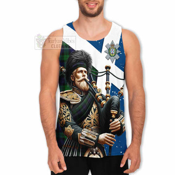 Black Watch Tartan Men's Tank Top with Family Crest Scottish Bagpiper Vibes