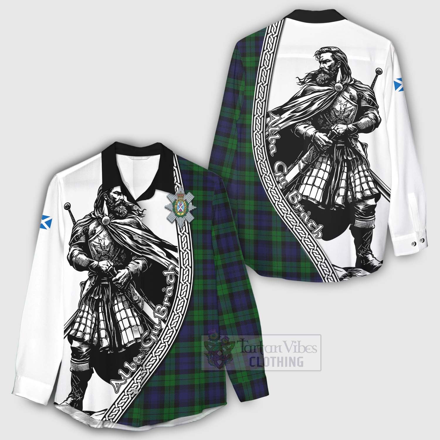 Tartan Vibes Clothing Black Watch Tartan Clan Crest Women's Casual Shirt with Highlander Warrior Celtic Style