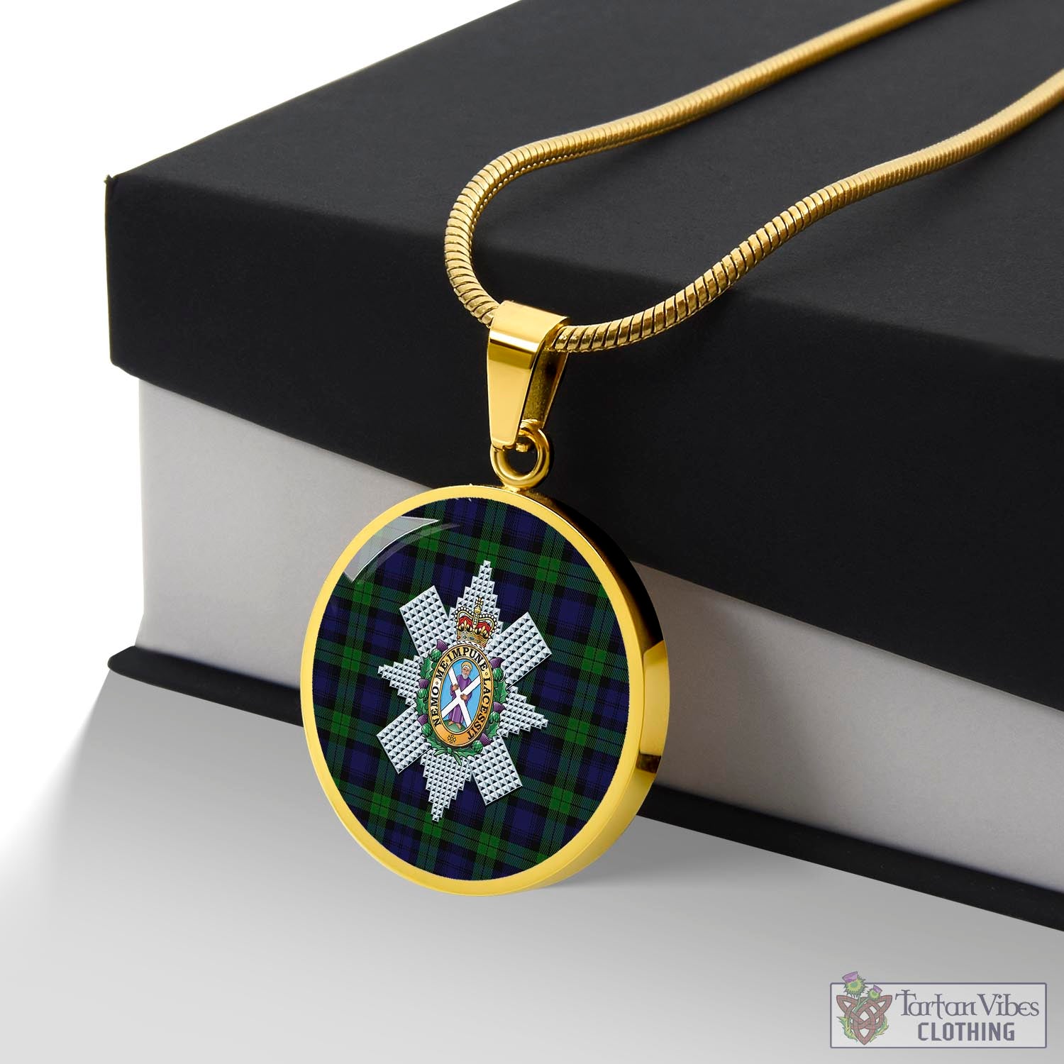 Tartan Vibes Clothing Black Watch Tartan Circle Necklace with Family Crest