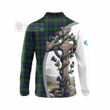 Black Watch Tartan Long Sleeve Polo Shirt with Family Crest and St. Andrew's Cross Accented by Thistle Vines