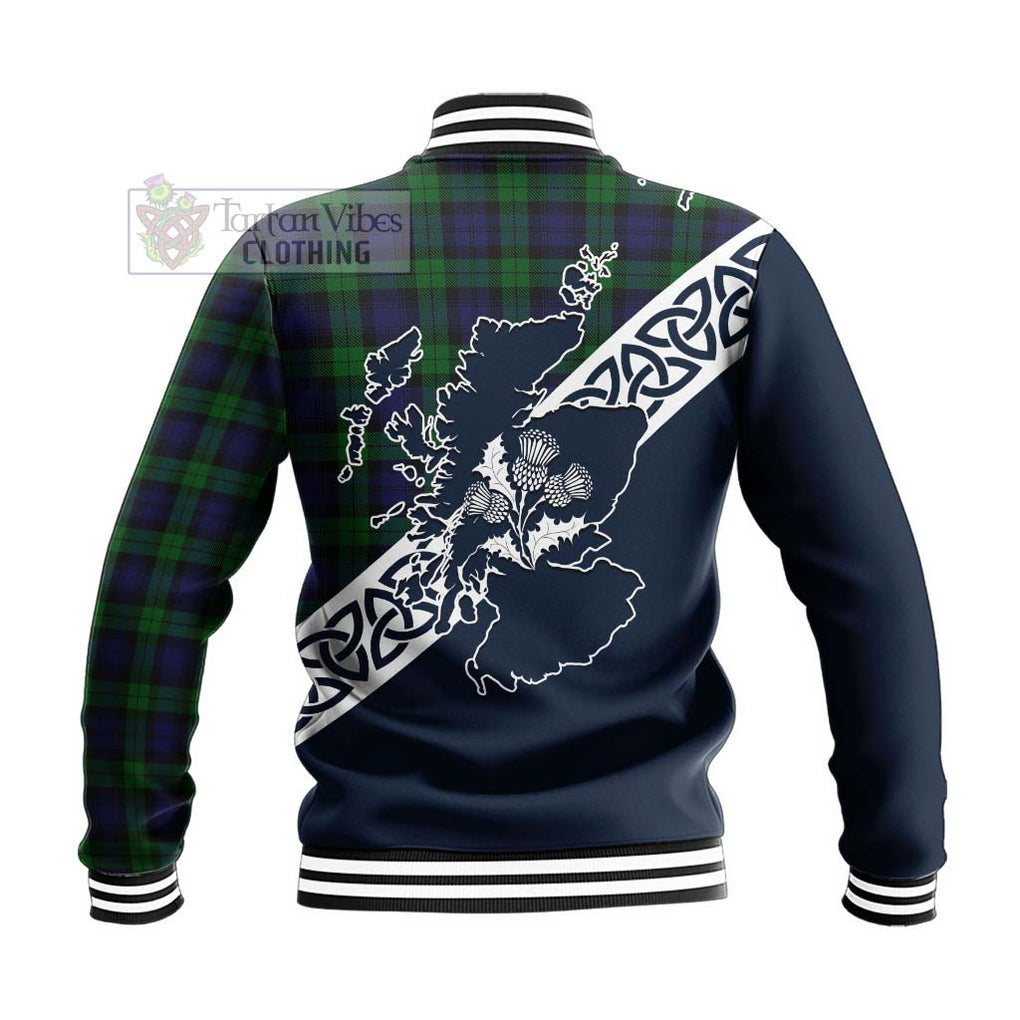 Tartan Vibes Clothing Black Watch Tartan Baseball Jacket Featuring Thistle and Scotland Map