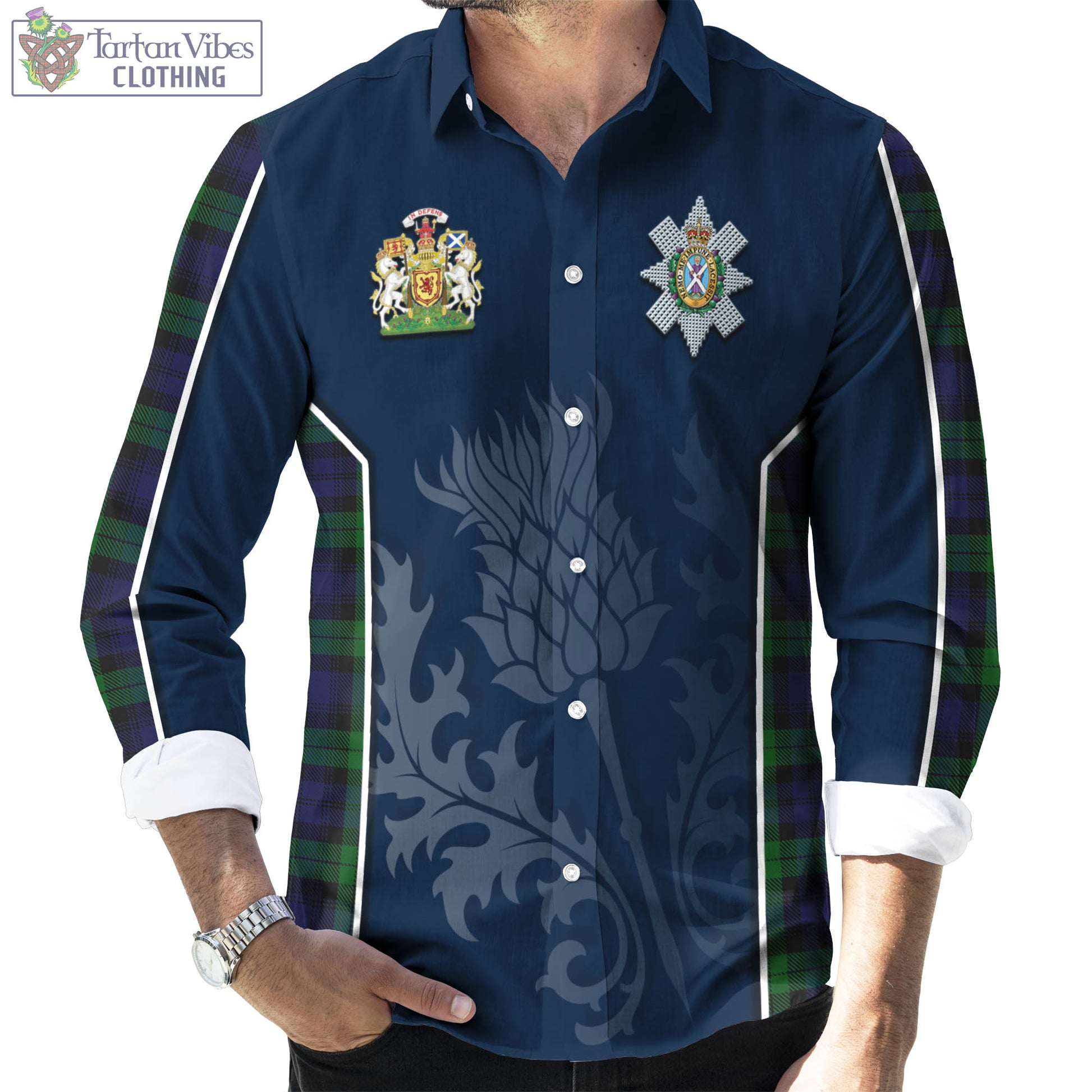 Tartan Vibes Clothing Black Watch Tartan Long Sleeve Button Up Shirt with Family Crest and Scottish Thistle Vibes Sport Style