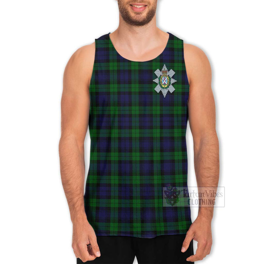 Tartan Vibes Clothing Black Watch Tartan Men's Tank Top with Family Crest and Bearded Skull Holding Bottles of Whiskey