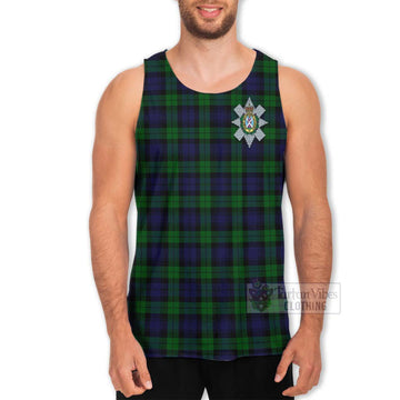 Black Watch Tartan Men's Tank Top with Family Crest and Bearded Skull Holding Bottles of Whiskey