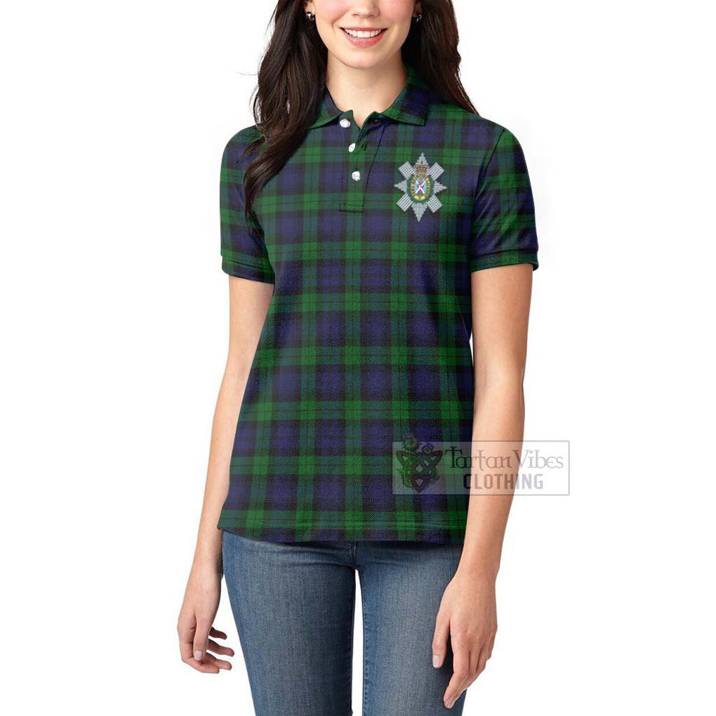 Tartan Vibes Clothing Black Watch Tartan Women's Polo Shirt with Family Crest and Bearded Skull Holding Bottles of Whiskey