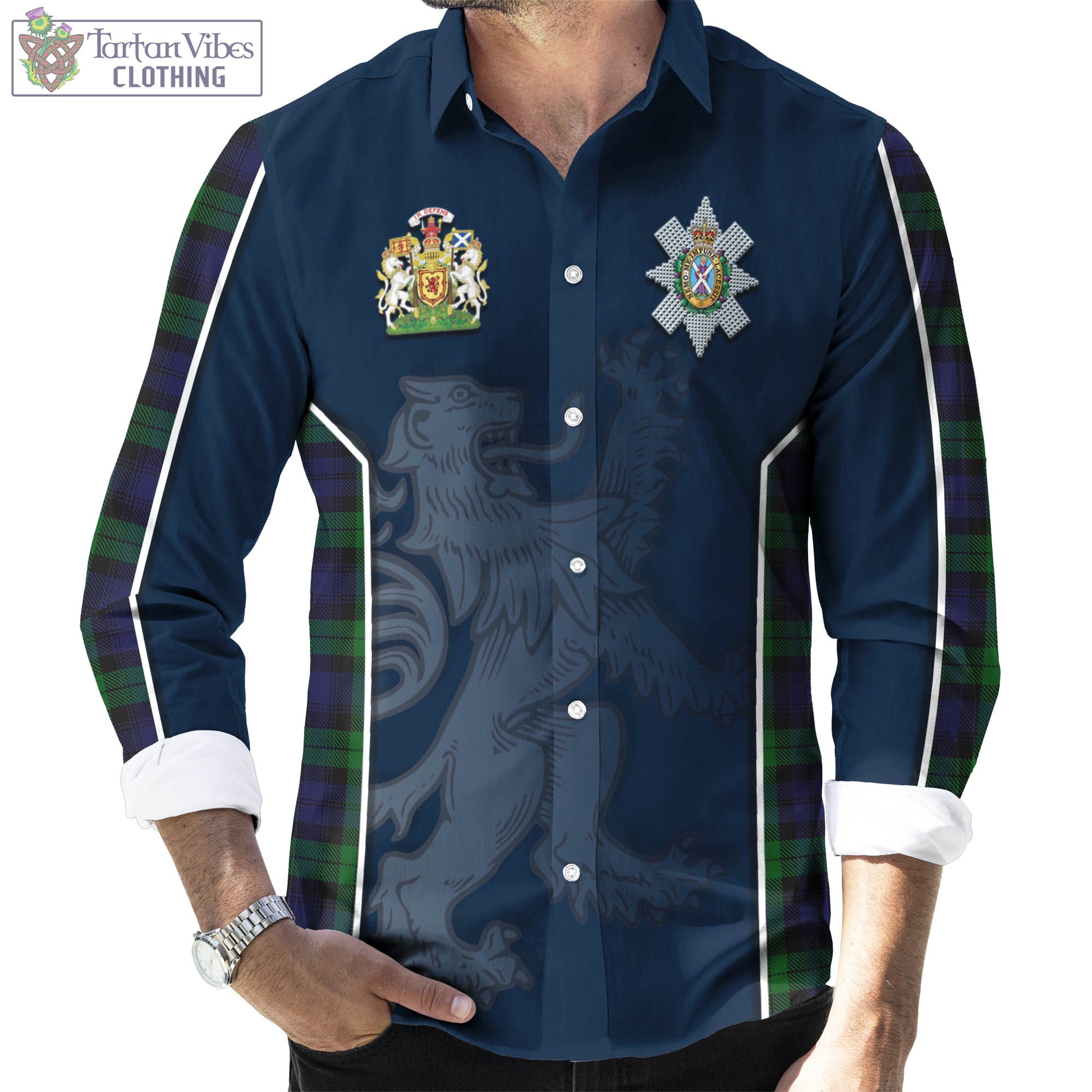 Tartan Vibes Clothing Black Watch Tartan Long Sleeve Button Up Shirt with Family Crest and Lion Rampant Vibes Sport Style