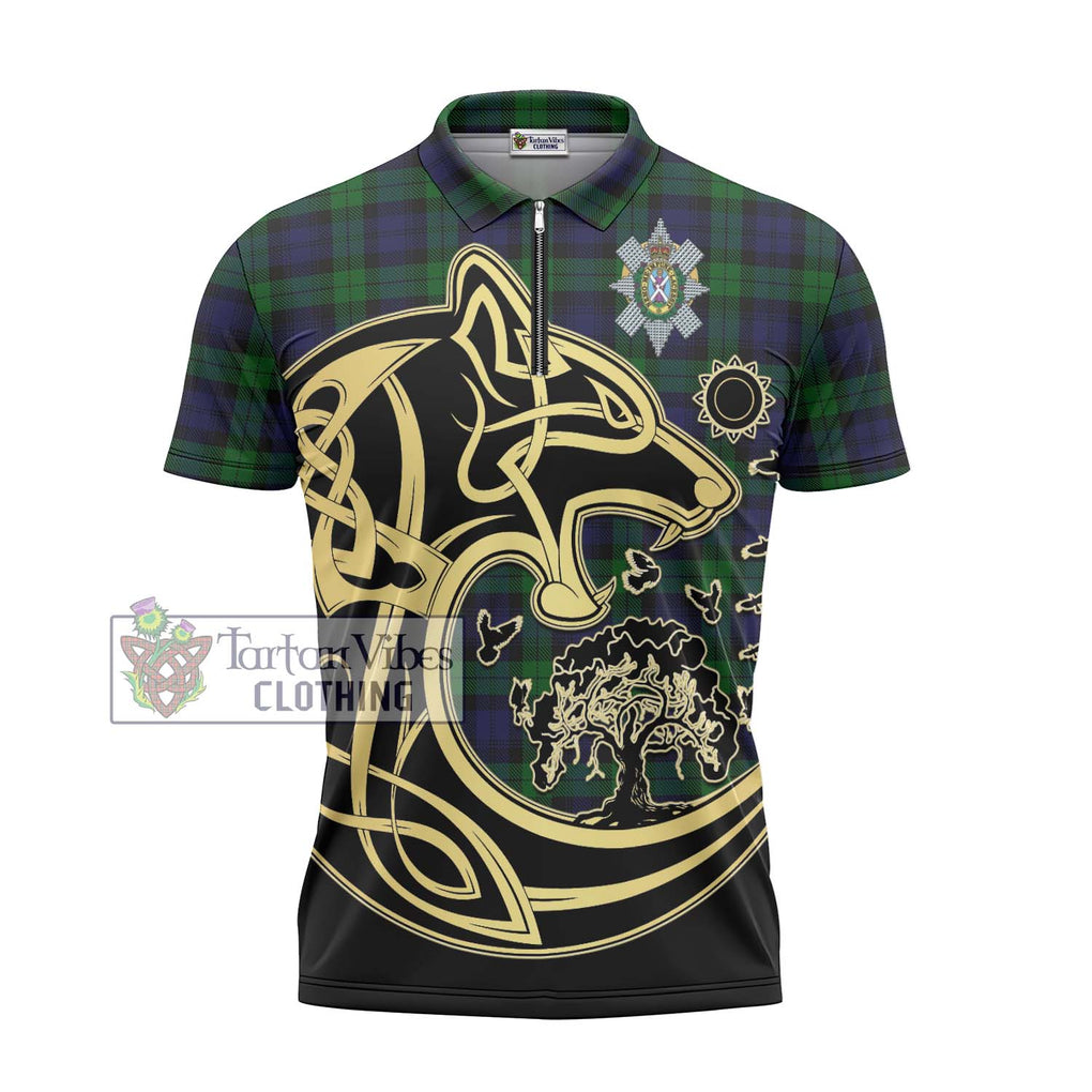 Black Watch Tartan Zipper Polo Shirt with Family Crest Celtic Wolf Style - Tartanvibesclothing Shop