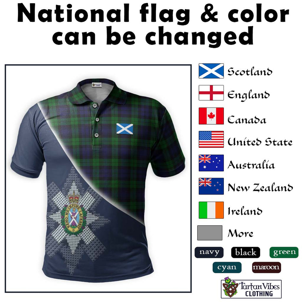 Black Watch Tartan Polo Shirt with Personalised National Flag and Family Crest Half Style - Tartanvibesclothing Shop