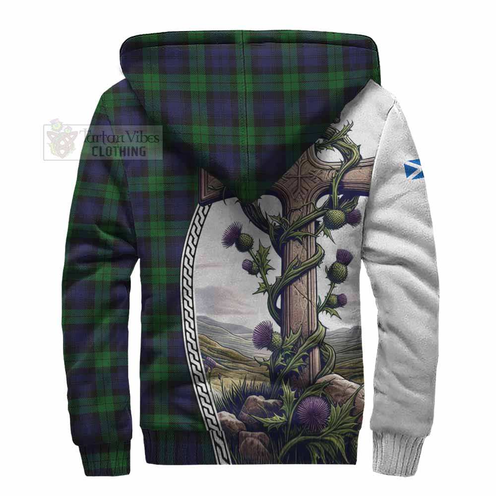 Tartan Vibes Clothing Black Watch Tartan Sherpa Hoodie with Family Crest and St. Andrew's Cross Accented by Thistle Vines