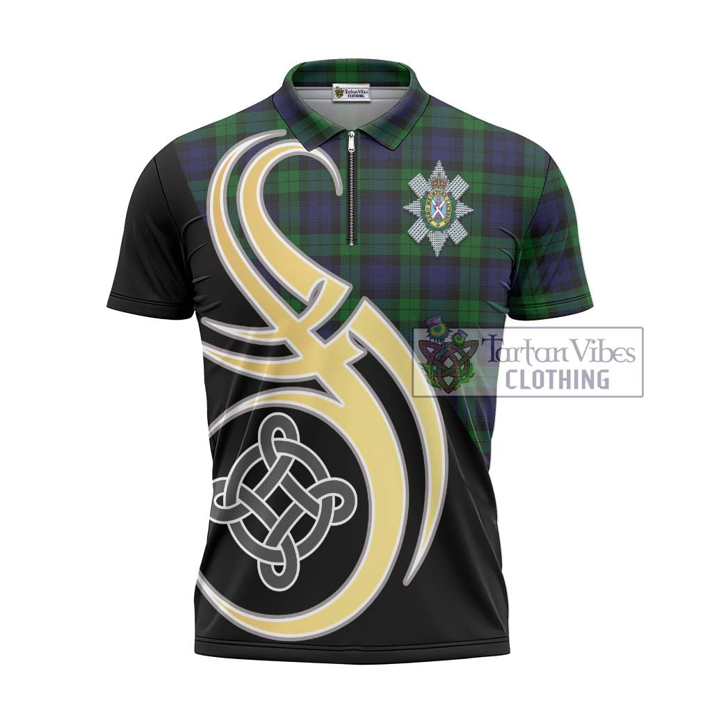 Tartan Vibes Clothing Black Watch Tartan Zipper Polo Shirt with Family Crest and Celtic Symbol Style