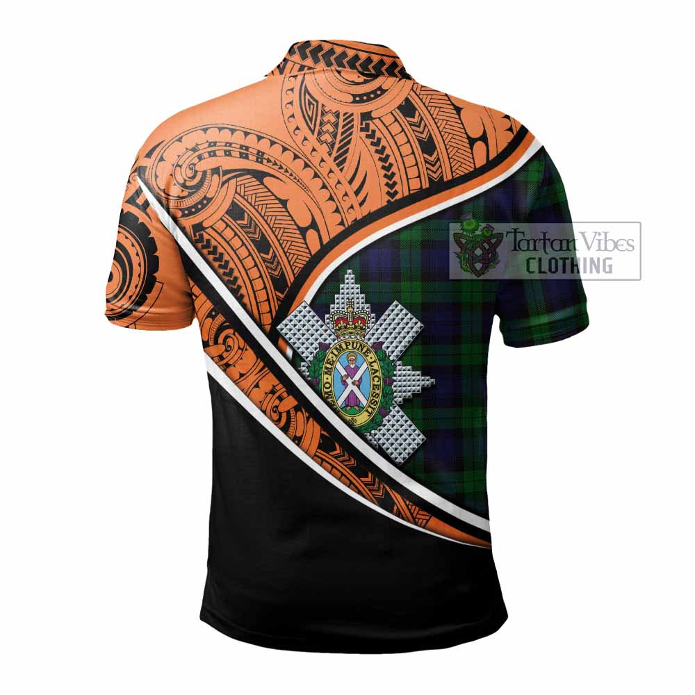 Tartan Vibes Clothing Black Watch Crest Tartan Polo Shirt with Maori Tattoo Style - Orange Version