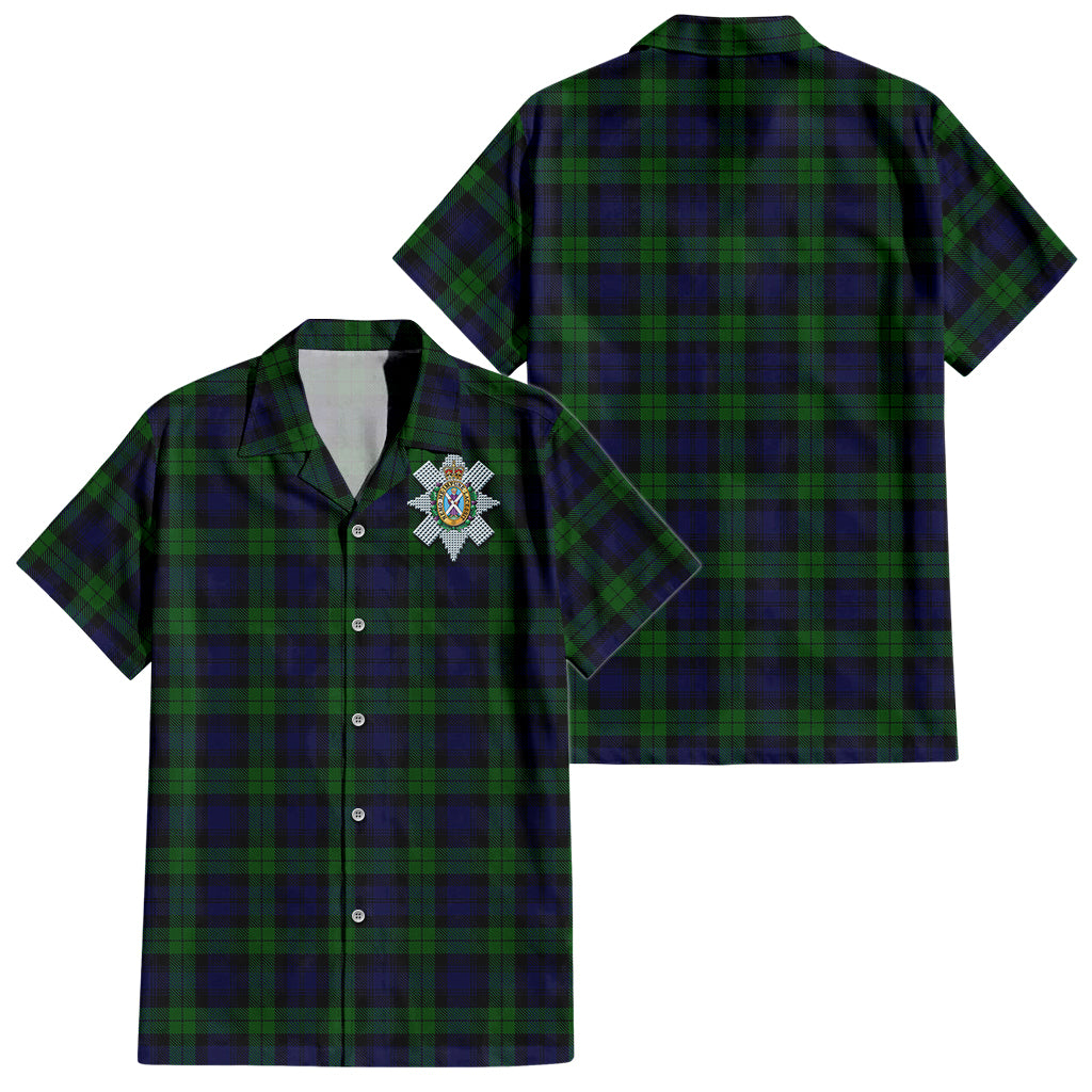 Black Watch Tartan Short Sleeve Button Down Shirt with Family Crest - Tartanvibesclothing