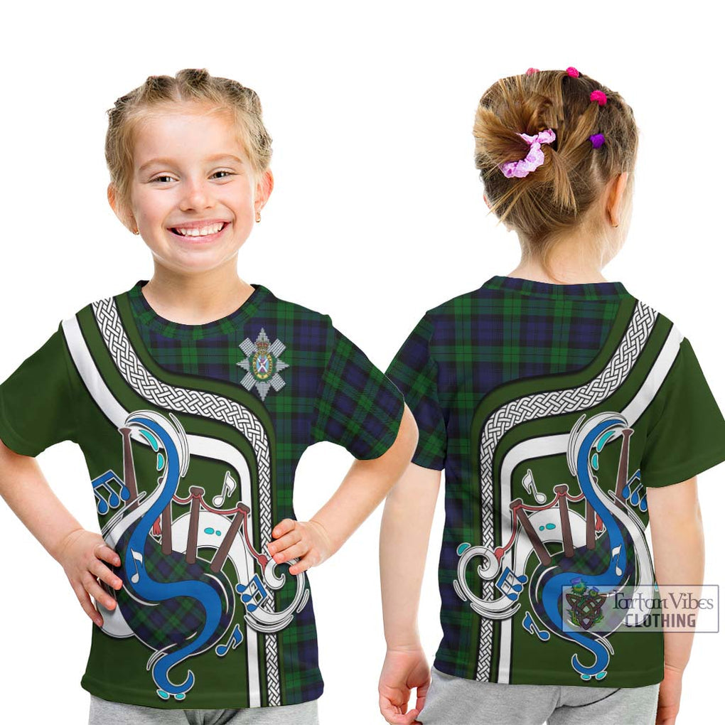 Tartan Vibes Clothing Black Watch Tartan Kid T-Shirt with Epic Bagpipe Style