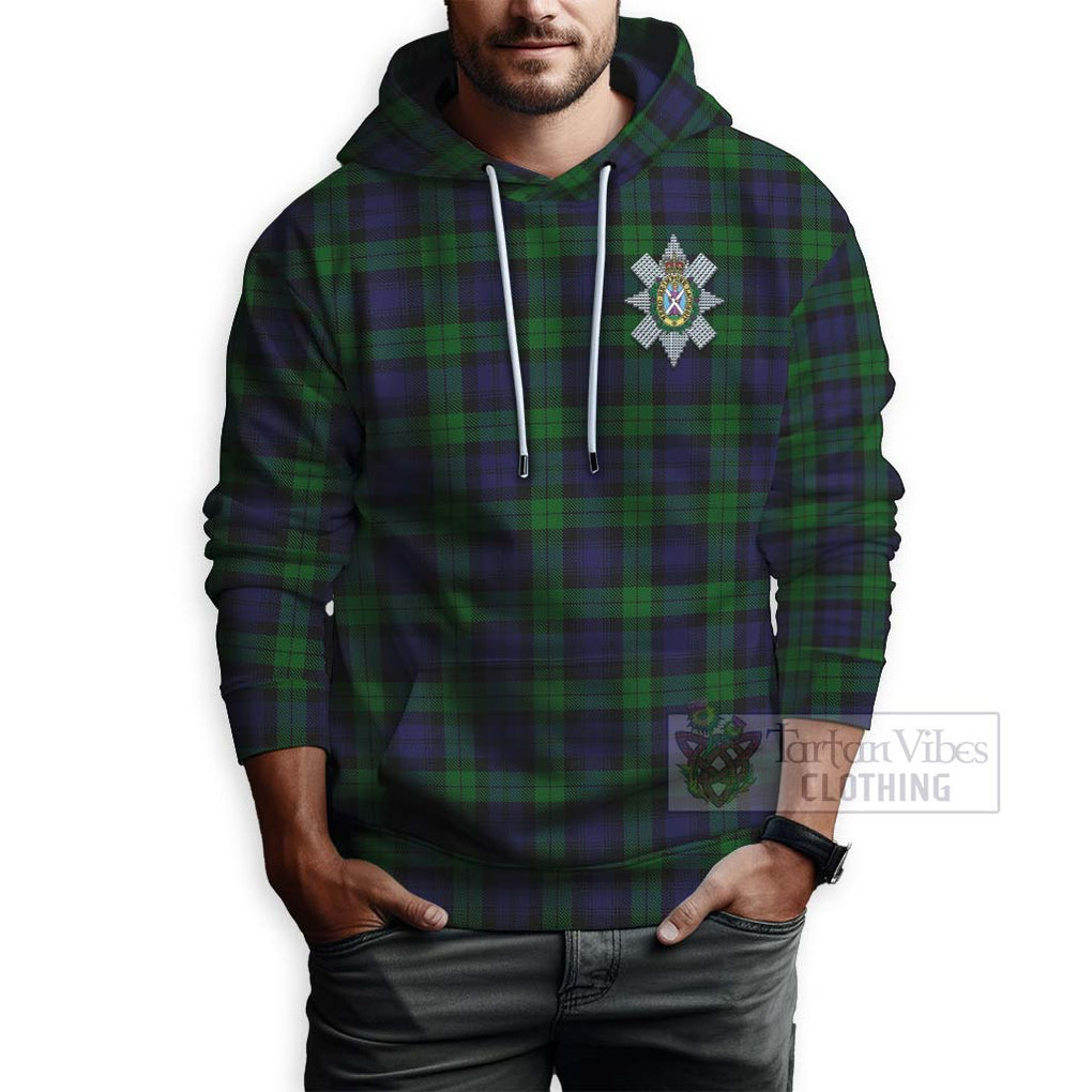 Tartan Vibes Clothing Black Watch Tartan Hoodie with Family Crest and Bearded Skull Holding Bottles of Whiskey