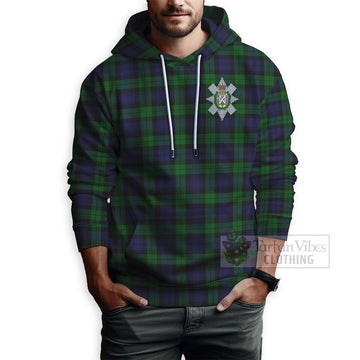 Black Watch Tartan Hoodie with Family Crest and Bearded Skull Holding Bottles of Whiskey