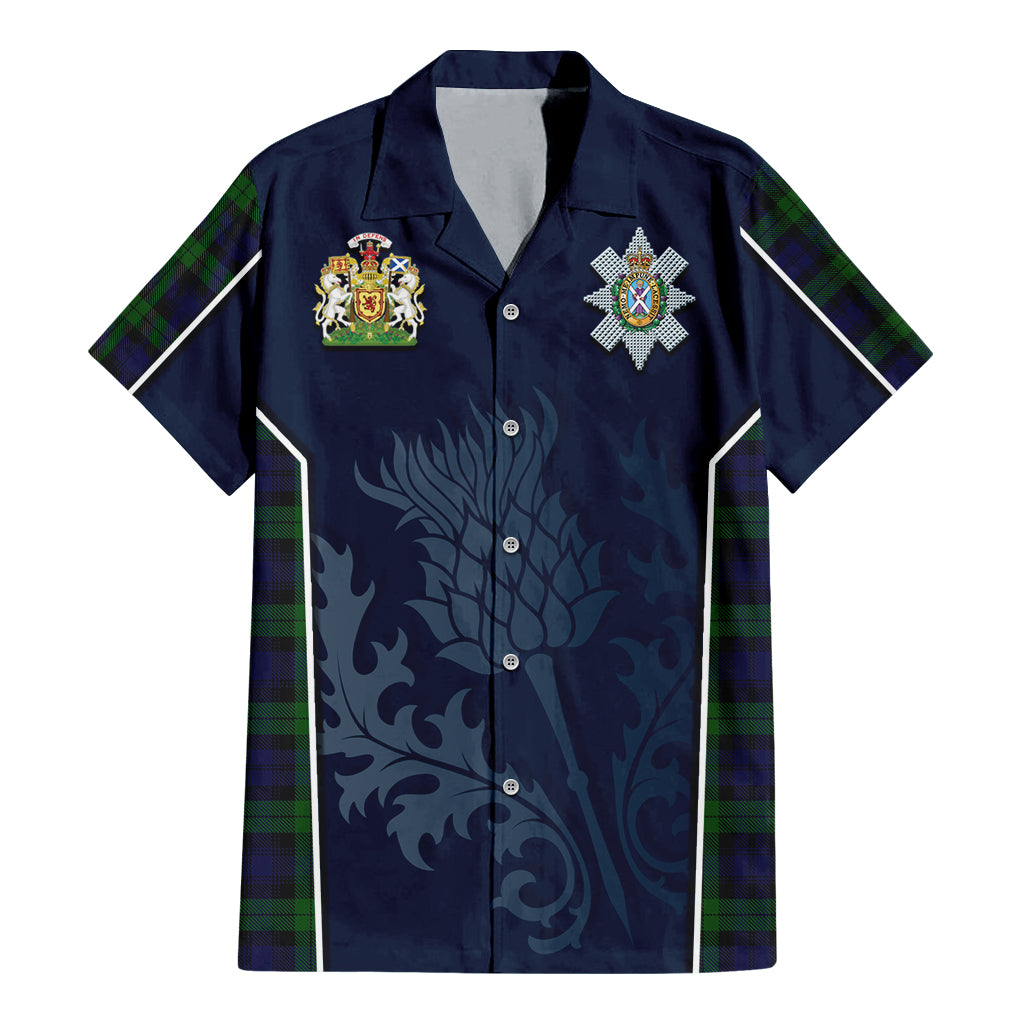 Tartan Vibes Clothing Black Watch Tartan Short Sleeve Button Up Shirt with Family Crest and Scottish Thistle Vibes Sport Style