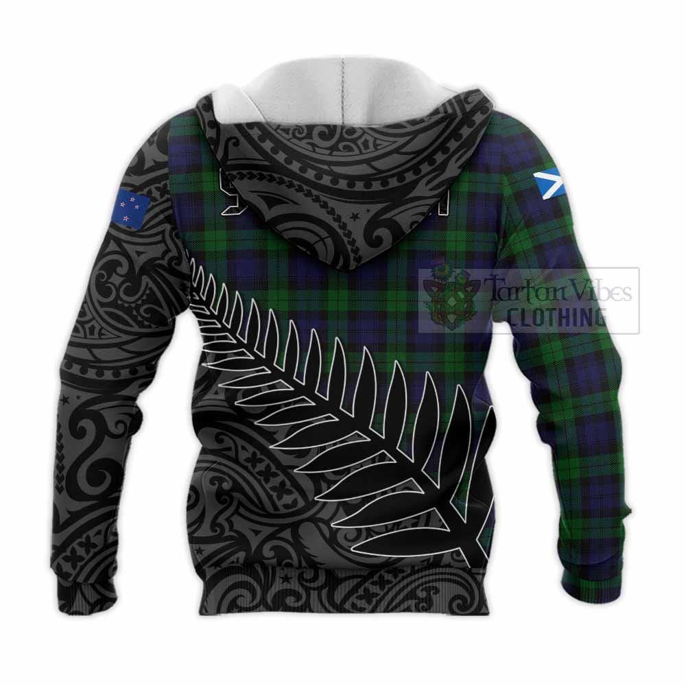 Tartan Vibes Clothing Black Watch Crest Tartan Knitted Hoodie with New Zealand Silver Fern Half Style