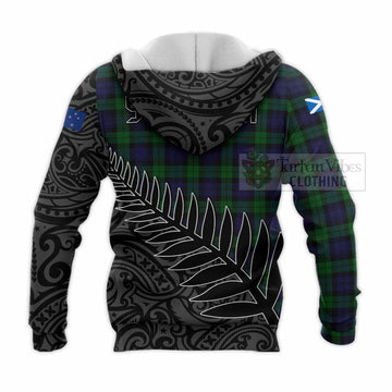 Black Watch Crest Tartan Knitted Hoodie with New Zealand Silver Fern Half Style