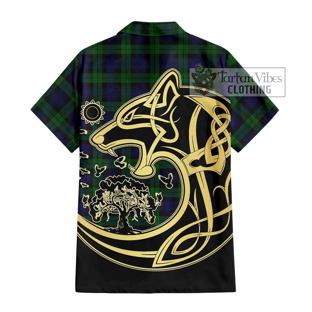 Black Watch Tartan Short Sleeve Button Shirt with Family Crest Celtic Wolf Style - Tartan Vibes Clothing