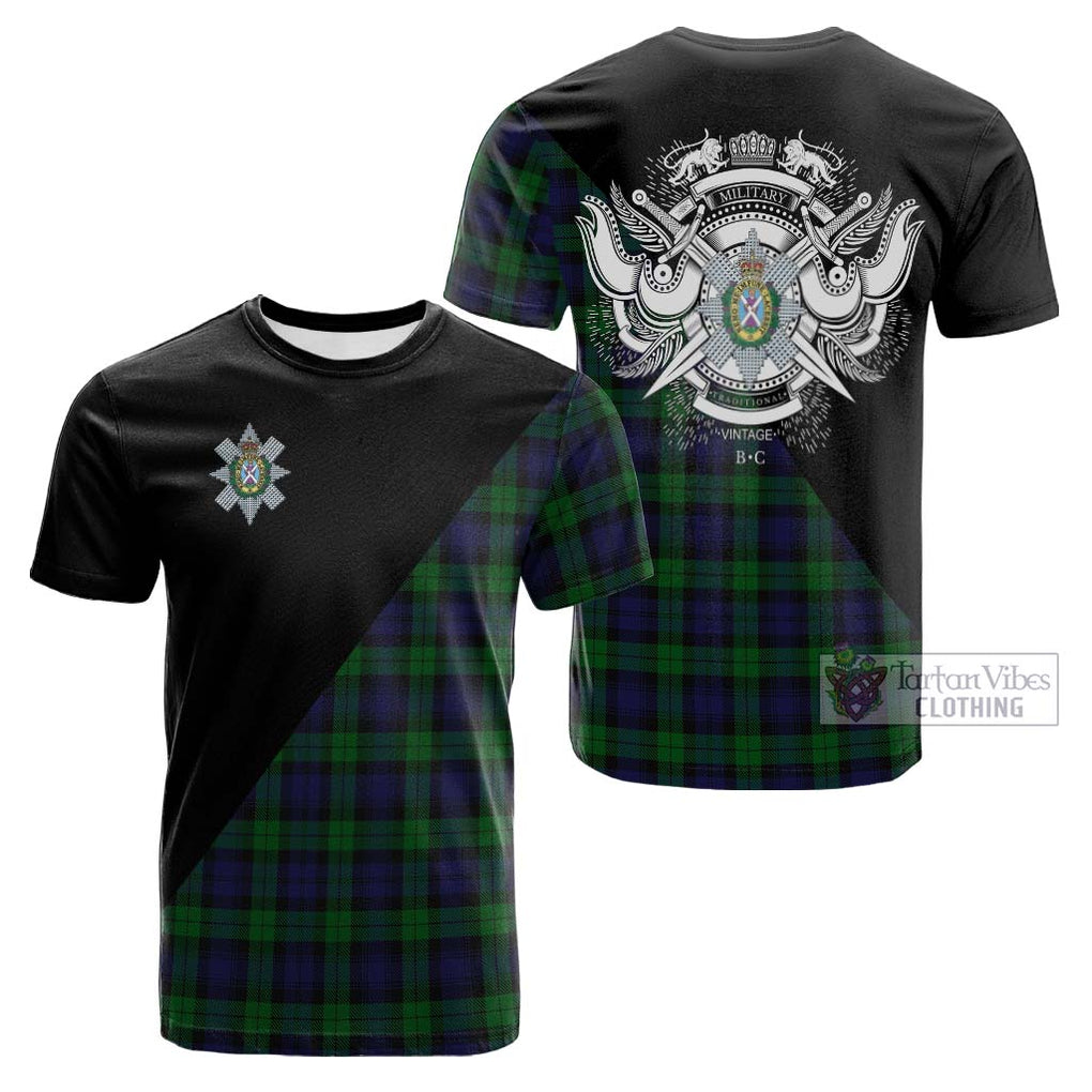 Tartan Vibes Clothing Black Watch Tartan Cotton T-shirt with Family Crest and Military Logo Style