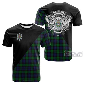 Black Watch Tartan Cotton T-shirt with Family Crest and Military Logo Style