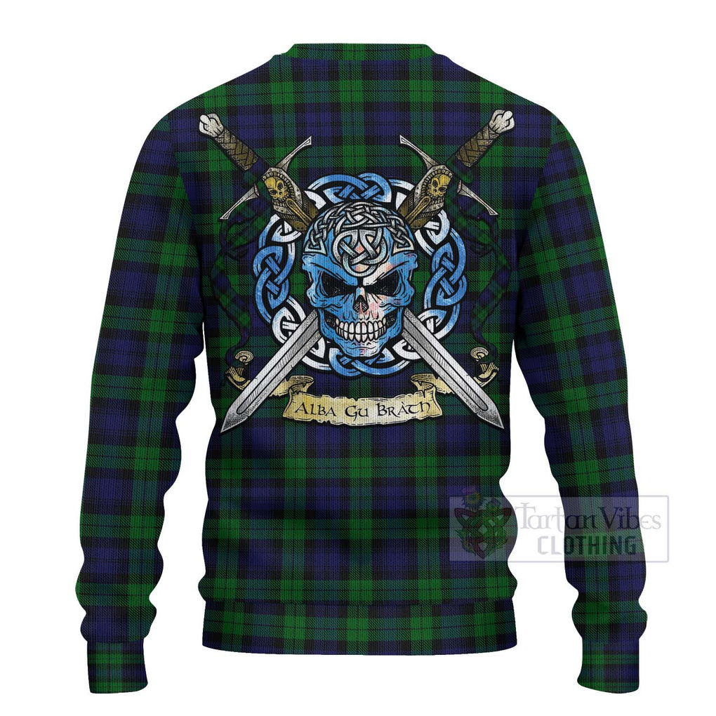 Tartan Vibes Clothing Black Watch Tartan Knitted Sweater with Family Crest Celtic Skull Style