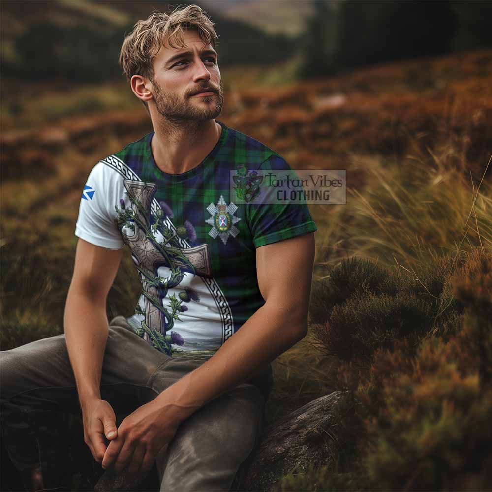 Tartan Vibes Clothing Black Watch Agnew Tartan T-Shirt with Family Crest and St. Andrew's Cross Accented by Thistle Vines