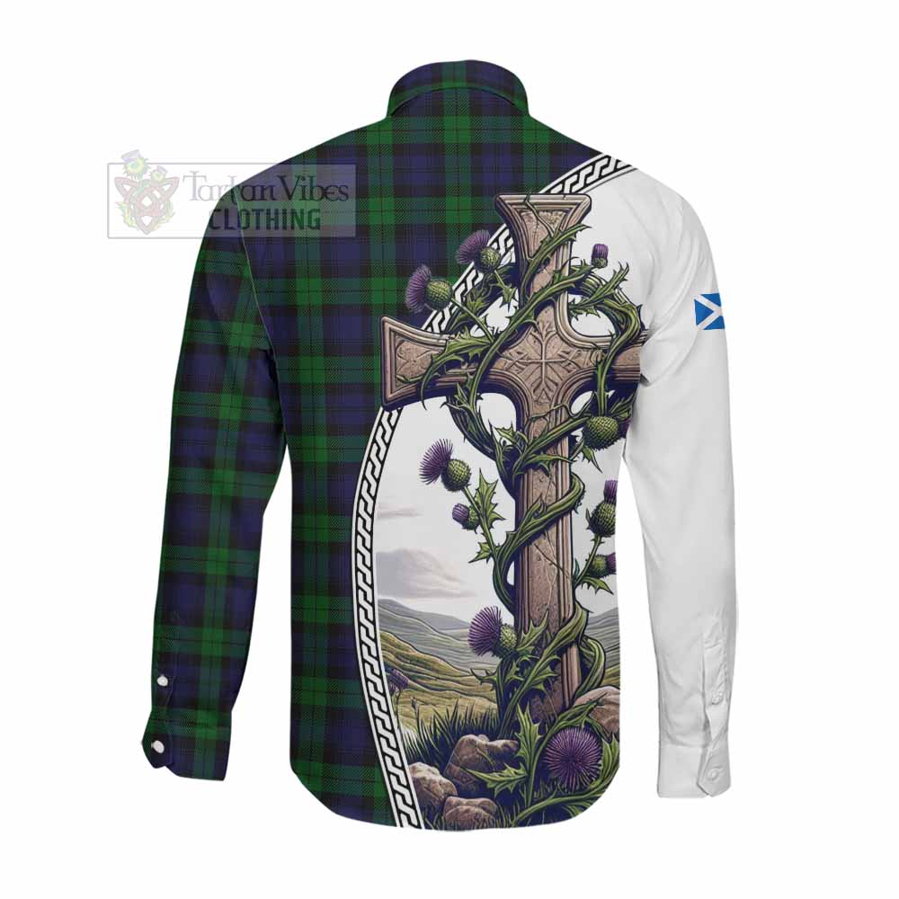 Tartan Vibes Clothing Black Watch Tartan Long Sleeve Button Shirt with Family Crest and St. Andrew's Cross Accented by Thistle Vines