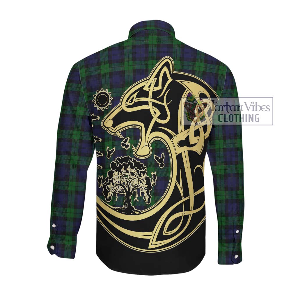 Black Watch Tartan Long Sleeve Button Shirt with Family Crest Celtic Wolf Style Men's Shirt - Tartan Vibes Clothing