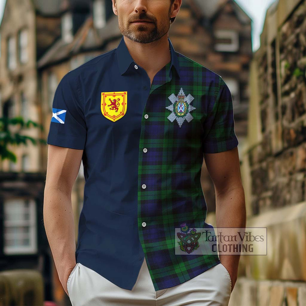 Tartan Vibes Clothing Black Watch Tartan Short Sleeve Button Shirt with Scottish Lion Royal Arm Half Style