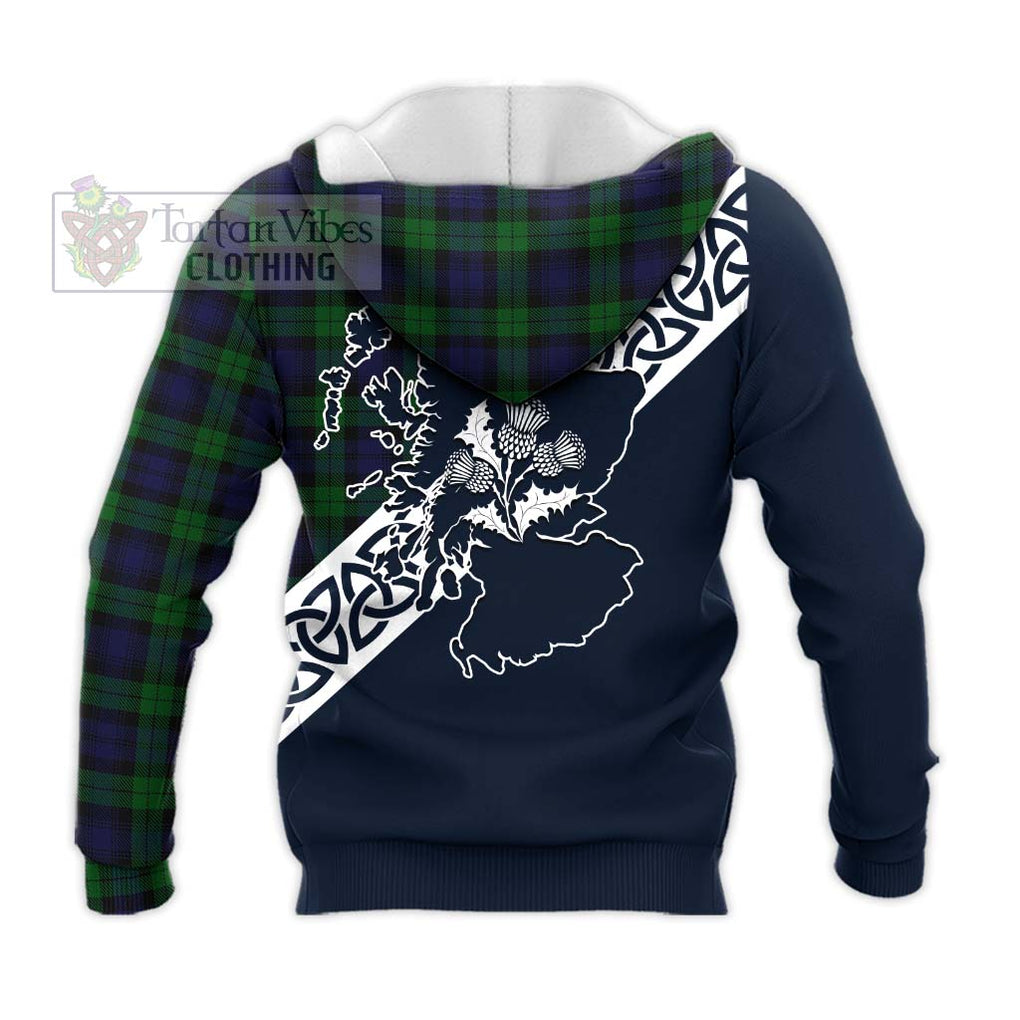 Tartan Vibes Clothing Black Watch Tartan Knitted Hoodie Featuring Thistle and Scotland Map