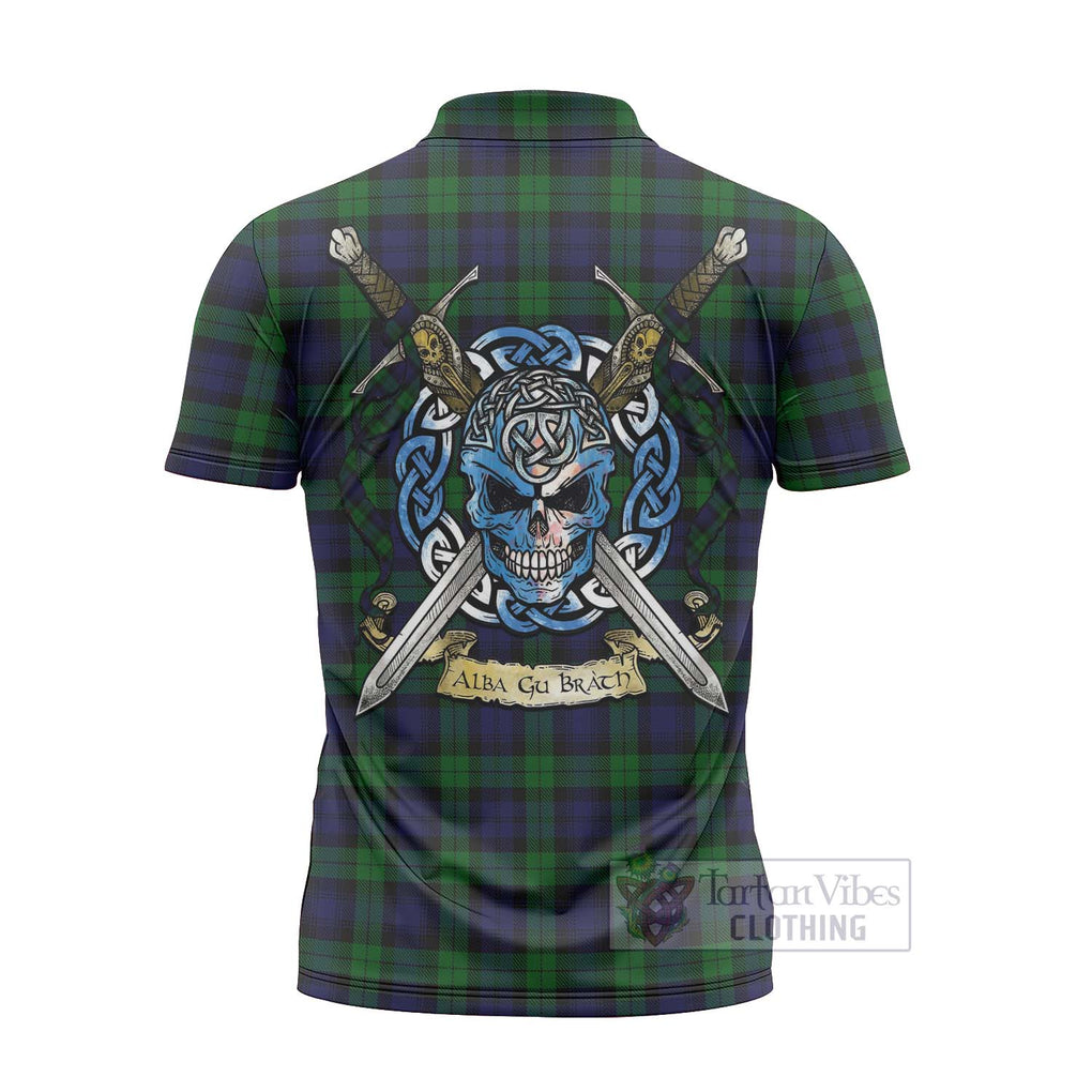 Tartan Vibes Clothing Black Watch Tartan Zipper Polo Shirt with Family Crest Celtic Skull Style