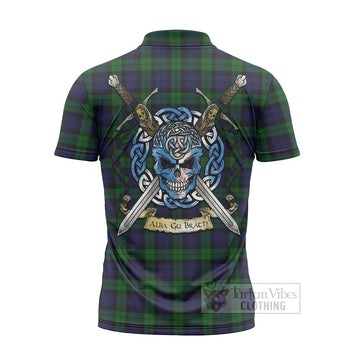 Black Watch Tartan Zipper Polo Shirt with Family Crest Celtic Skull Style