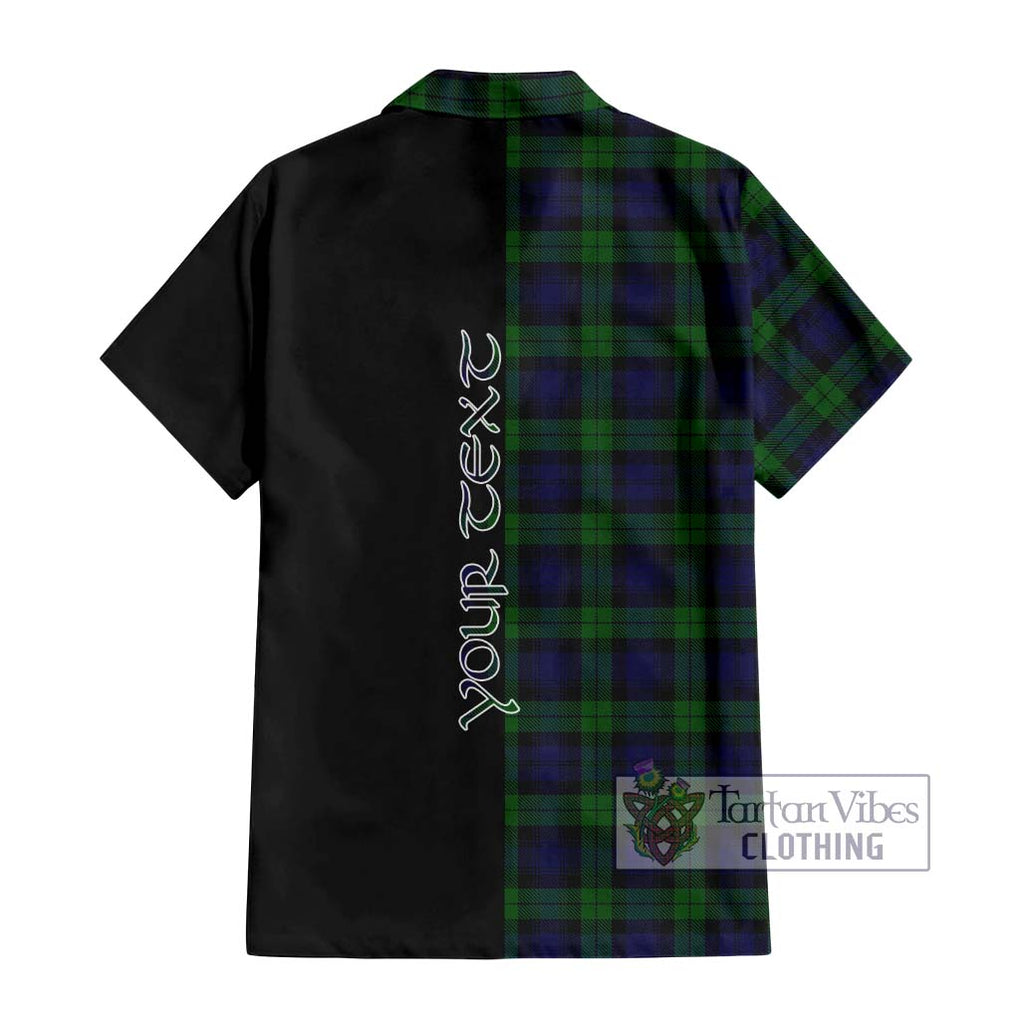 Black Watch Tartan Short Sleeve Button Shirt with Family Crest and Half Of Me Style - Tartanvibesclothing Shop