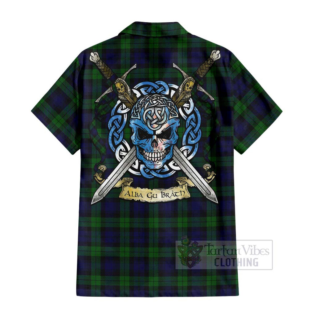 Tartan Vibes Clothing Black Watch Tartan Short Sleeve Button Shirt with Family Crest Celtic Skull Style