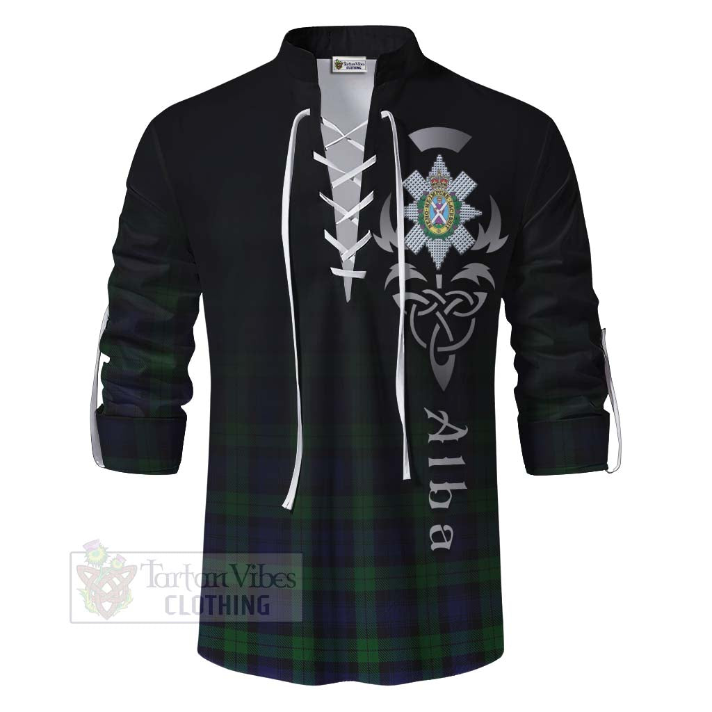 Tartan Vibes Clothing Black Watch Tartan Ghillie Kilt Shirt Featuring Alba Gu Brath Family Crest Celtic Inspired