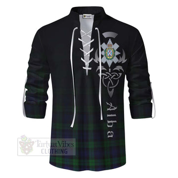 Black Watch Tartan Ghillie Kilt Shirt Featuring Alba Gu Brath Family Crest Celtic Inspired