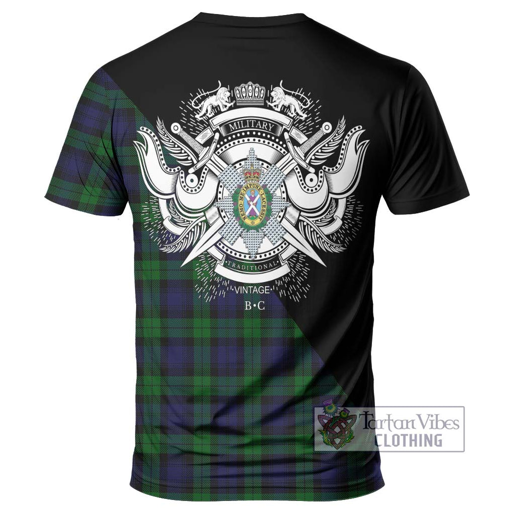 Black Watch Tartan T-Shirt with Family Crest and Military Logo Style - Tartanvibesclothing Shop