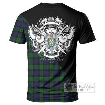 Black Watch Tartan T-Shirt with Family Crest and Military Logo Style