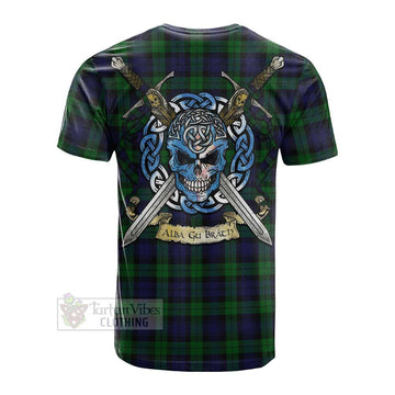 Black Watch Tartan Cotton T-shirt with Family Crest Celtic Skull Style