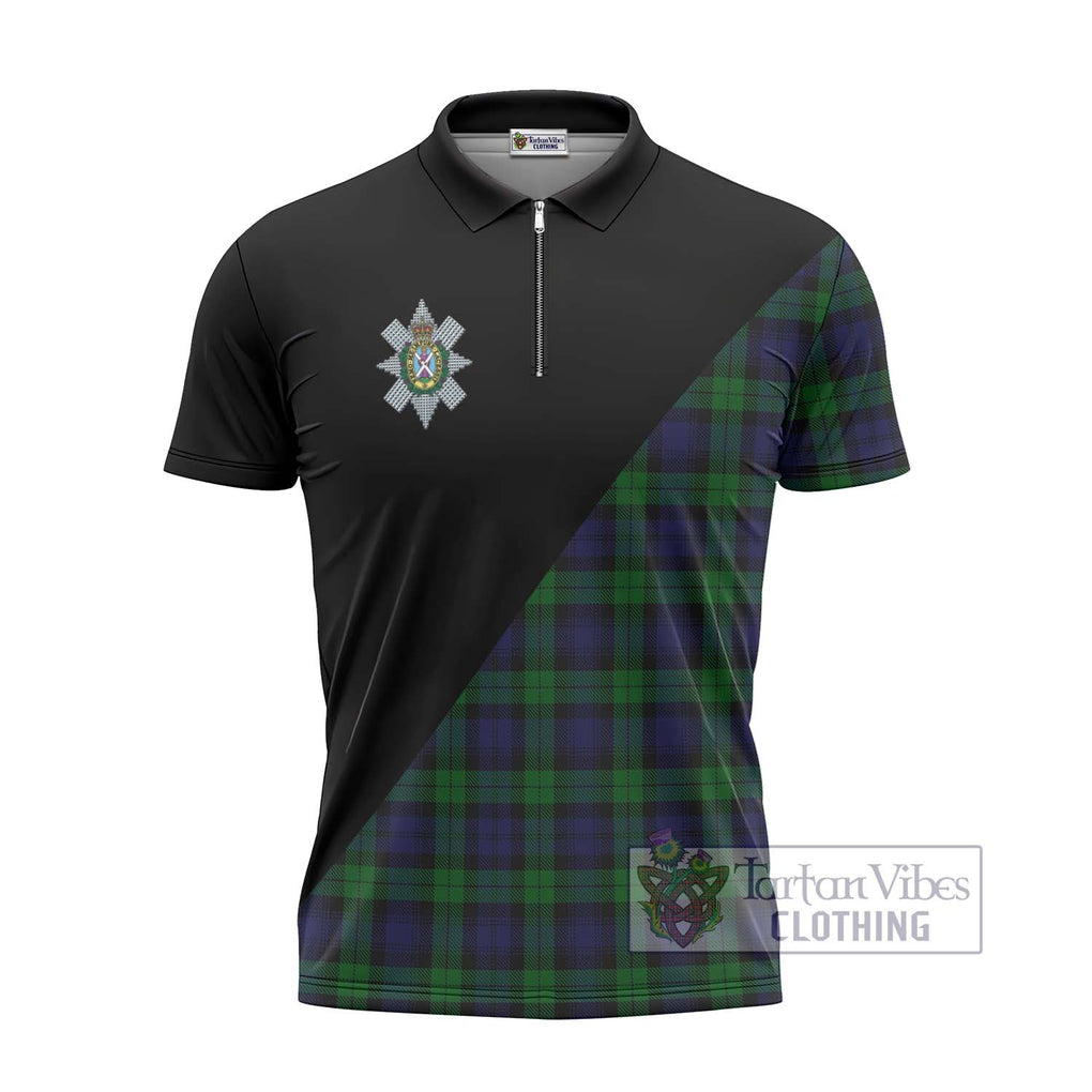 Black Watch Tartan Zipper Polo Shirt with Family Crest and Military Logo Style - Tartanvibesclothing Shop