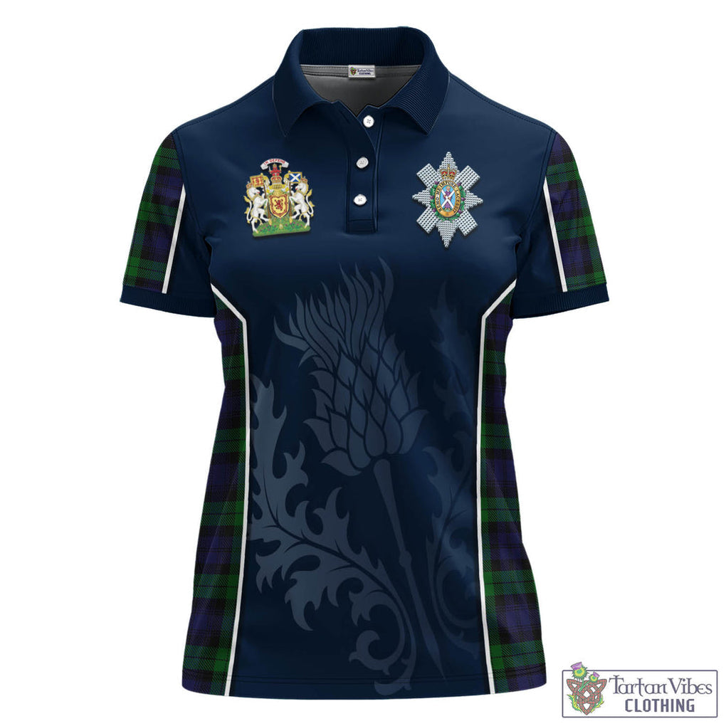 Tartan Vibes Clothing Black Watch Tartan Women's Polo Shirt with Family Crest and Scottish Thistle Vibes Sport Style