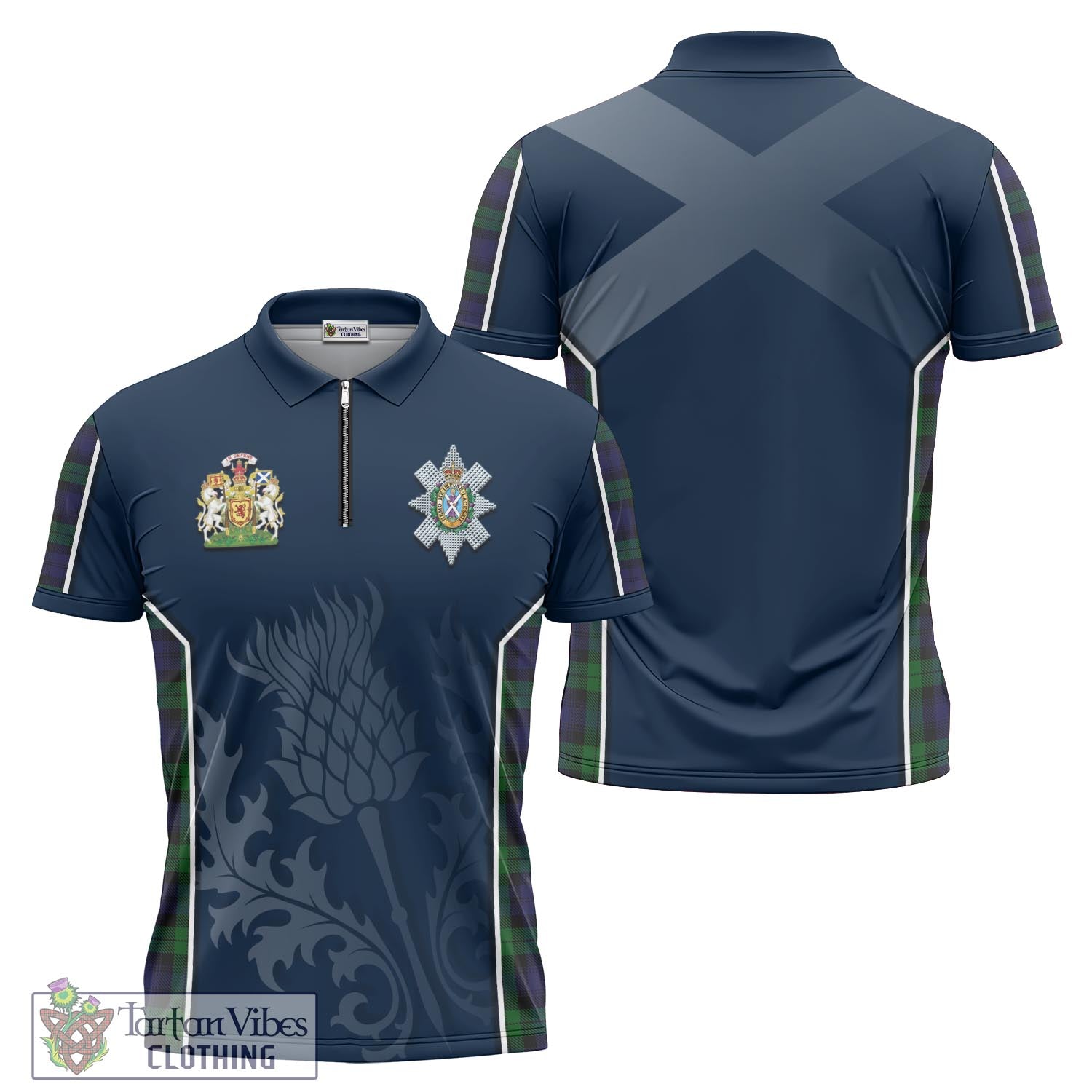 Tartan Vibes Clothing Black Watch Tartan Zipper Polo Shirt with Family Crest and Scottish Thistle Vibes Sport Style