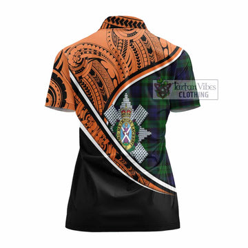 Black Watch Crest Tartan Women's Polo Shirt with Polynesian Vibes Style - Orange Version