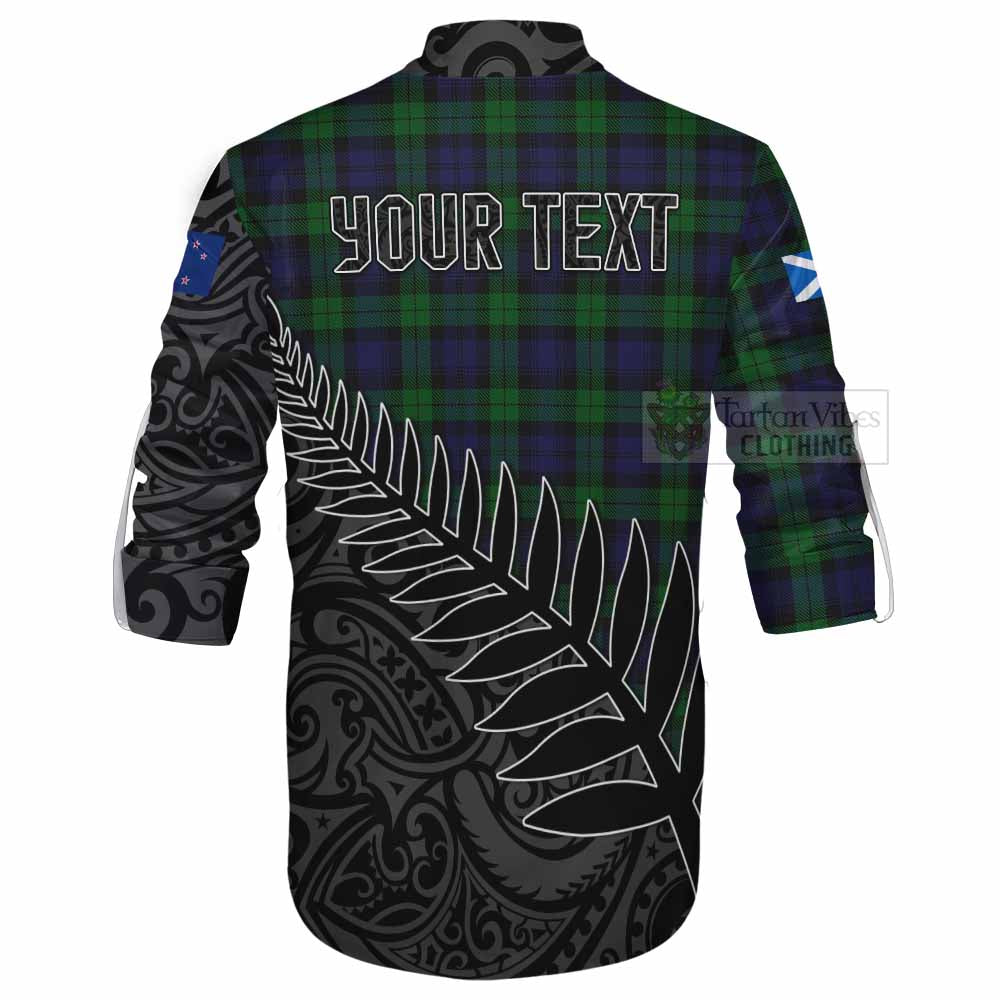 Tartan Vibes Clothing Black Watch Crest Tartan Ghillie Kilt Shirt with New Zealand Silver Fern Half Style