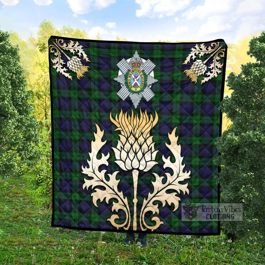 Tartan Vibes Clothing Black Watch Tartan Quilt with Family Crest and Golden Thistle Style